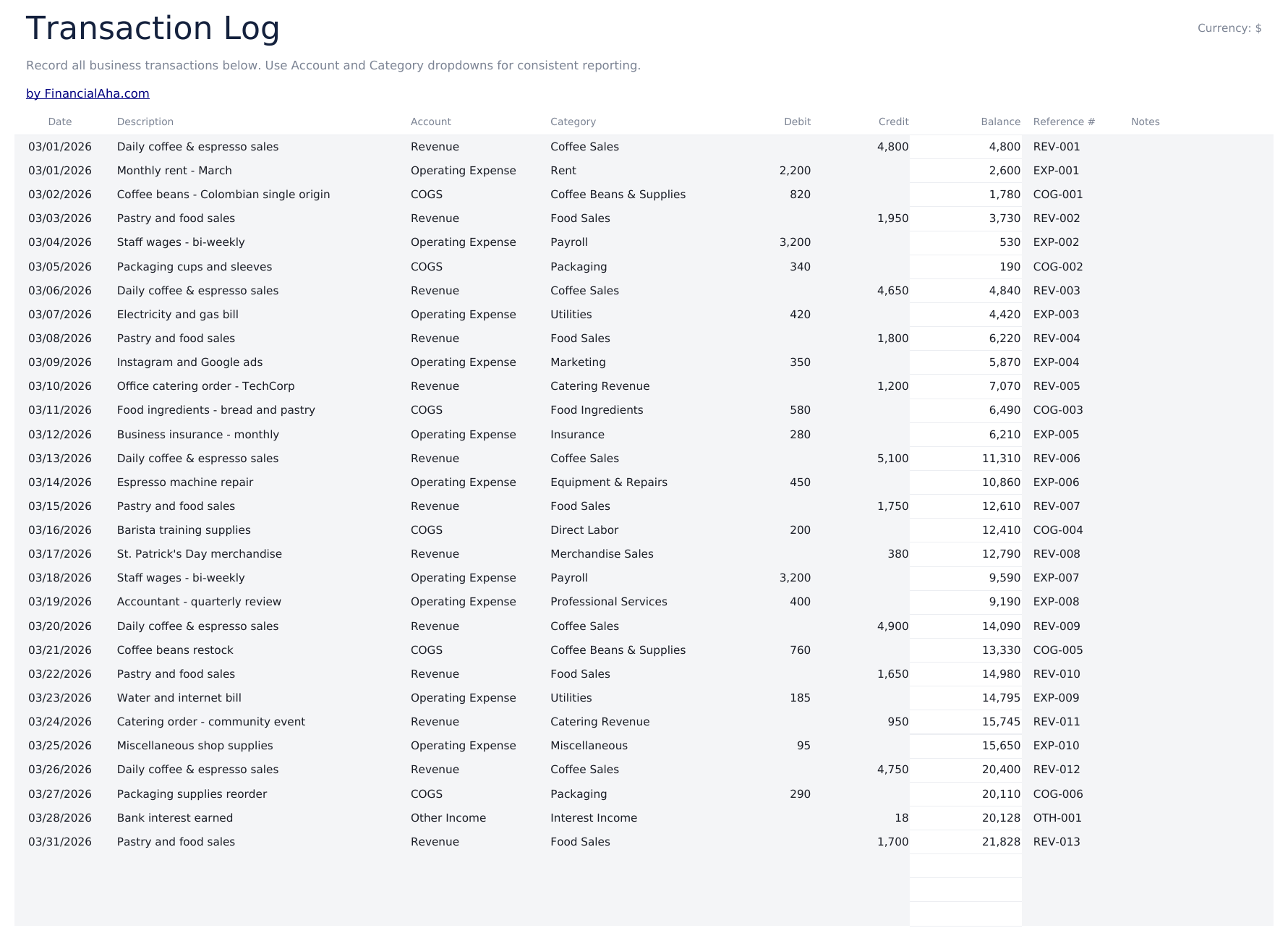 Small Business Bookkeeping Ultimate - Transaction Log