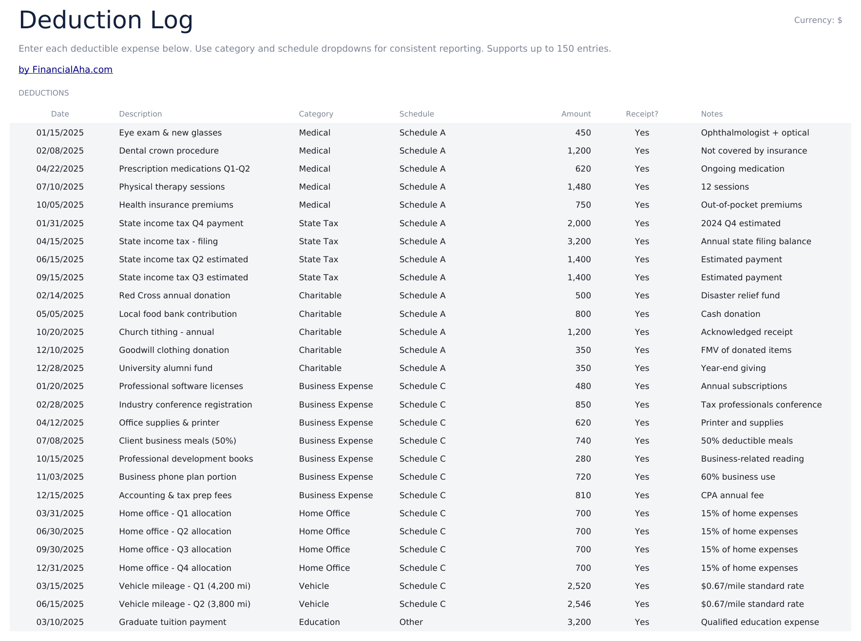 Tax Deduction Tracker Ultimate - Deduction Log