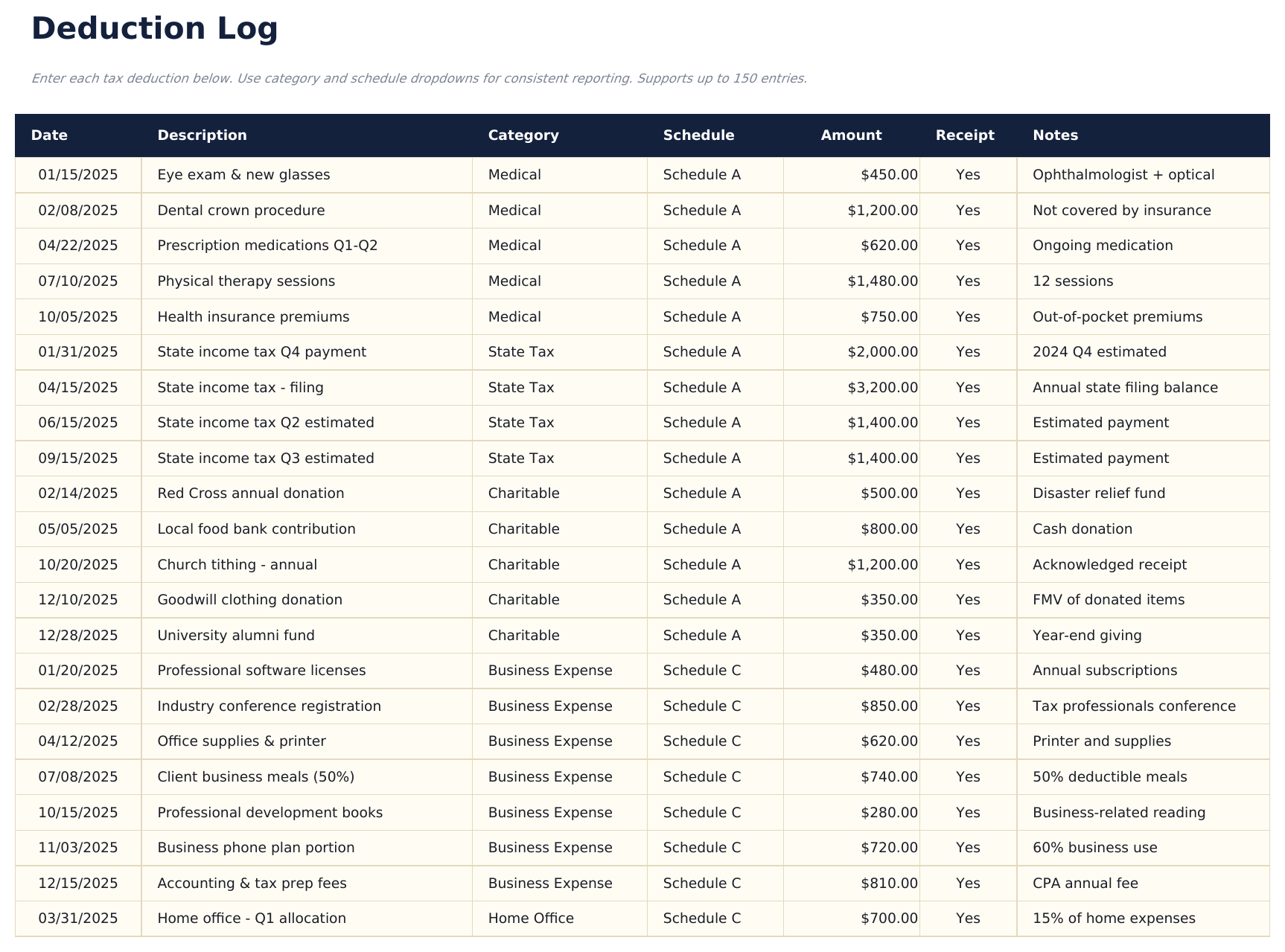 Tax Deduction Tracker Ultimate - Deduction Log