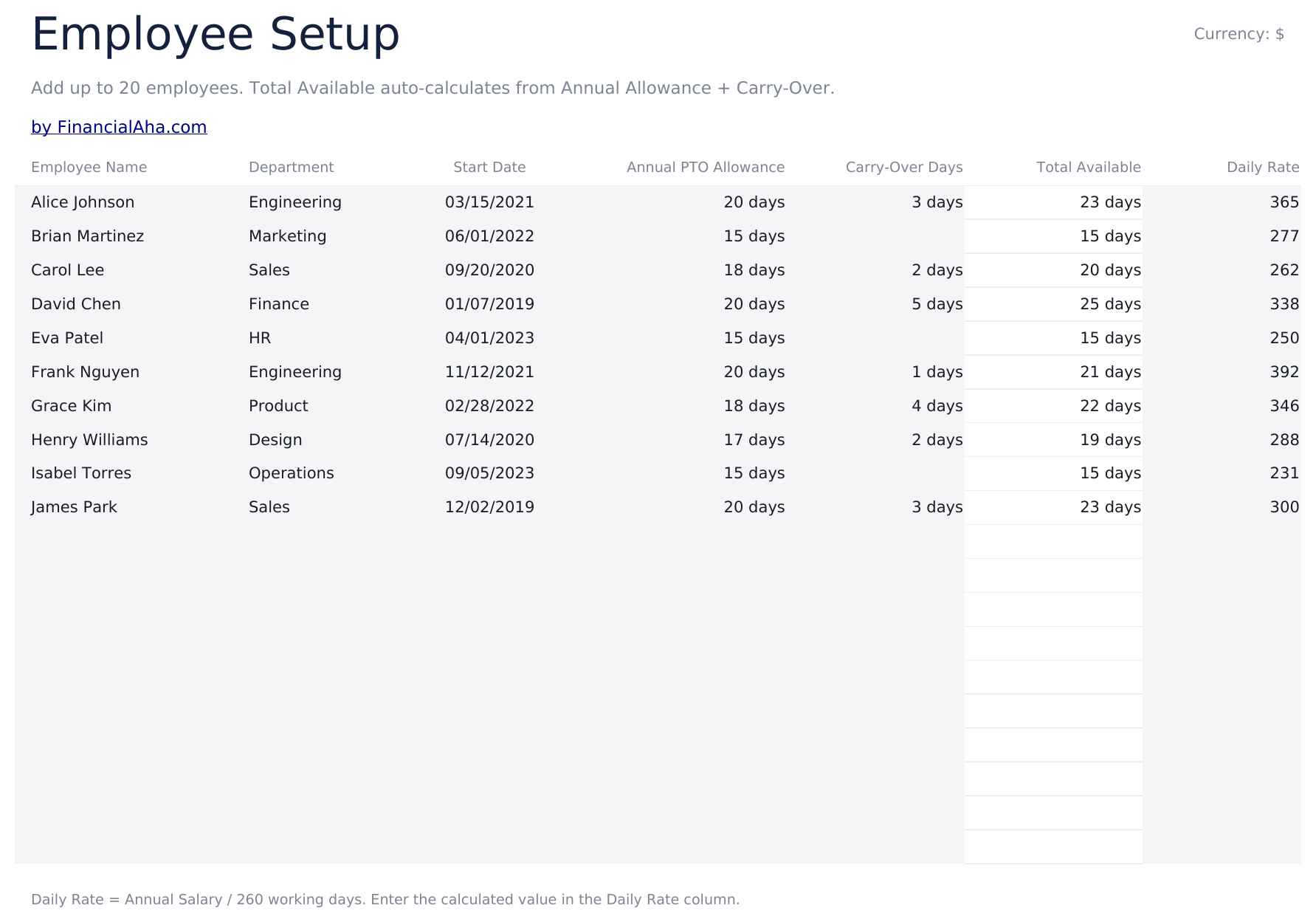 Vacation and PTO Tracker Ultimate - Employee Setup