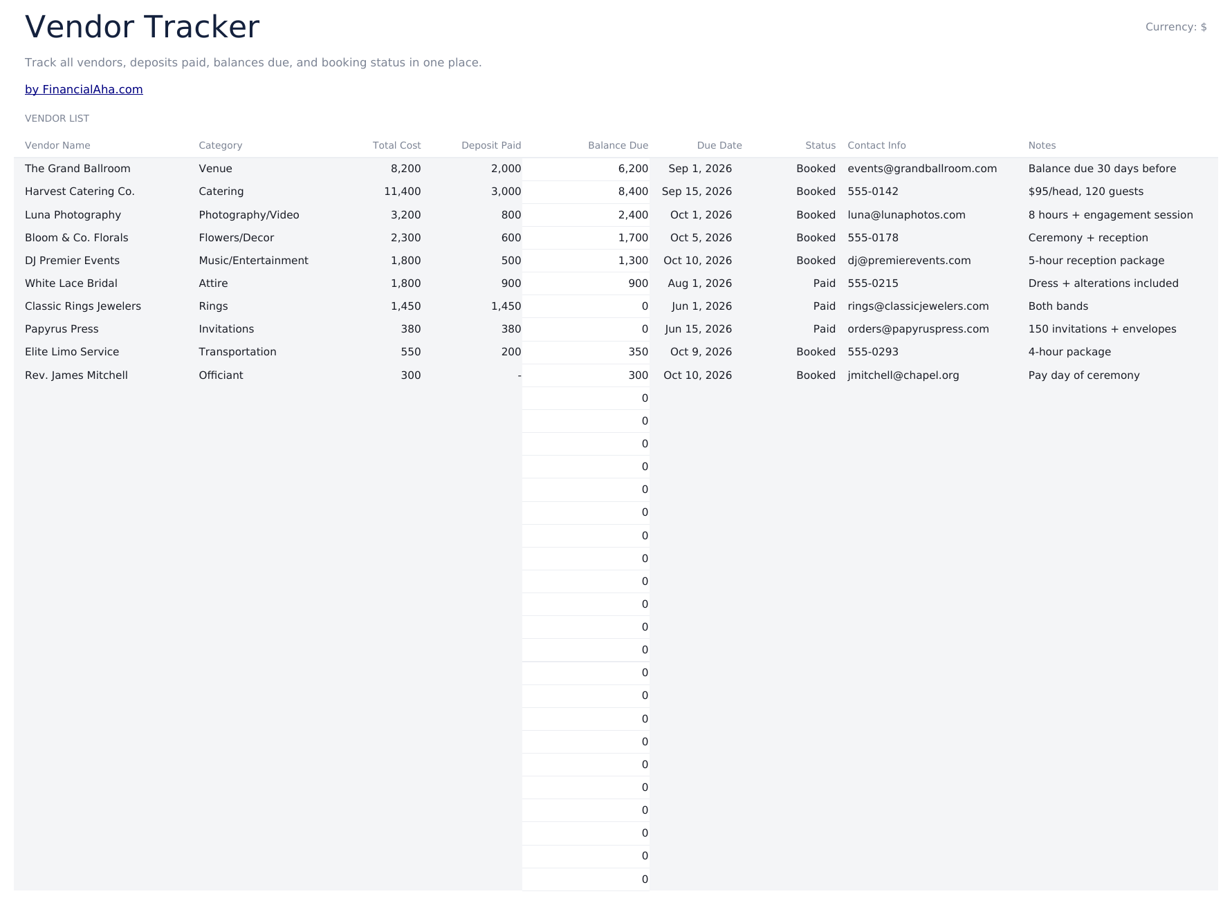 Wedding Budget Ultimate - Vendor Tracker