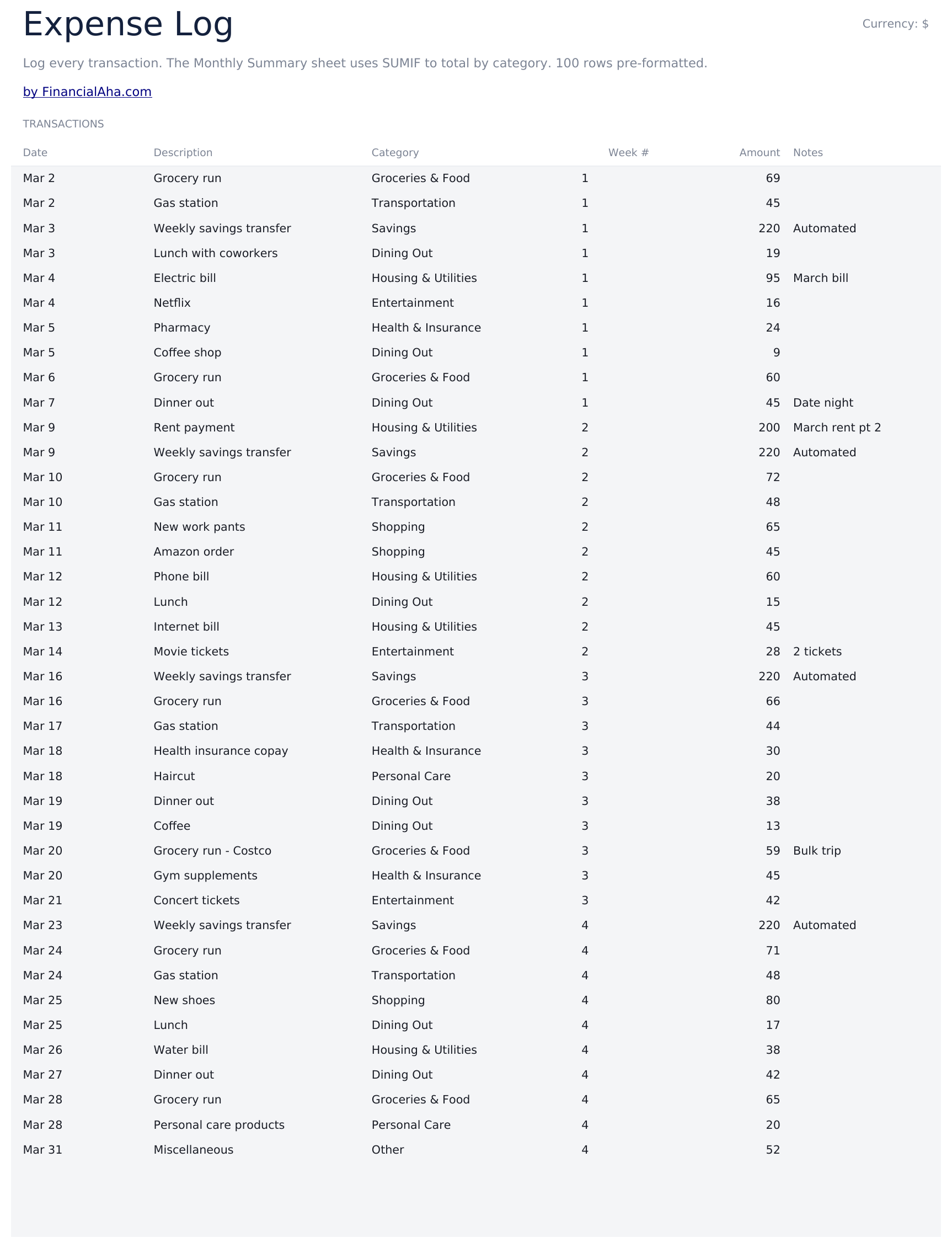 Weekly Budget Ultimate - Expense Log